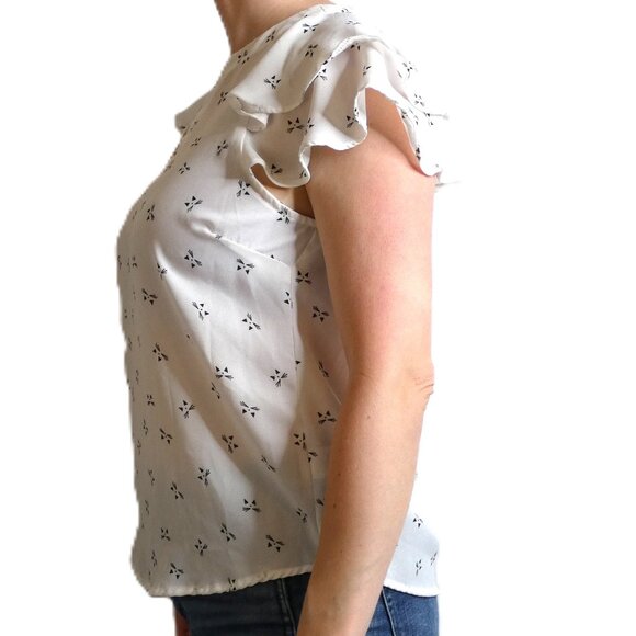 White Chiffon Blouse Size S Abstract Black Cats Face Ruffled Sleeve Top British - Picture 4 of 8